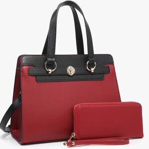 Lexie Two-Tone Vegan Leather Satchel Bag with Wallet in Wine